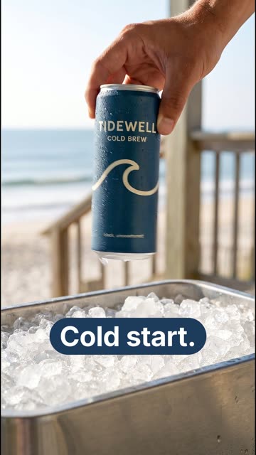 A vertical ad: a hand lifting a deep blue can out of a cooler of crushed ice on a sunny deck by the sea, with the words “Cold start.”
