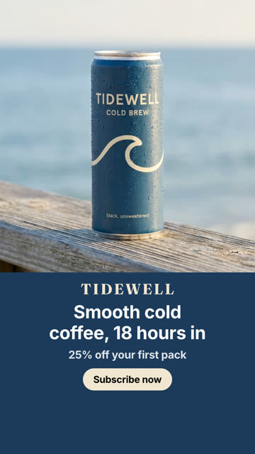 An image ad: a frosty deep blue can on a sunlit deck rail with the sea behind, with “Smooth cold coffee, 18 hours in” and a Subscribe now button on a blue band below.