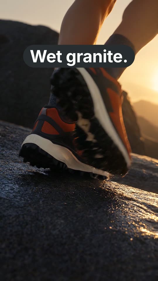 A vertical ad: a runner’s burnt orange trail shoe landing on wet dark granite at golden hour, with the words “Wet granite.”