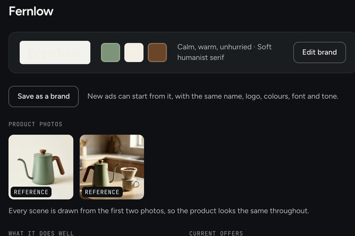 A brand as Fraqtl read it from a product page: the Fernlow logo, three colours, its tone and font, and the product photos every scene is drawn from.